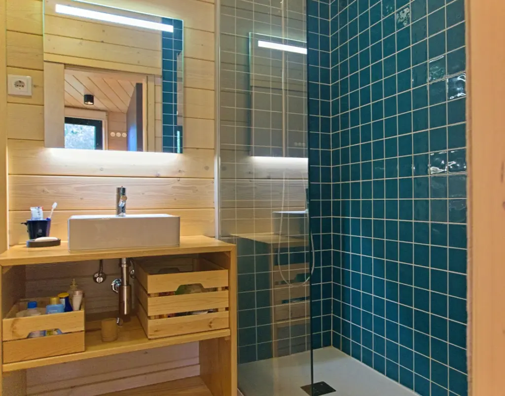 Wood and tile bathroom