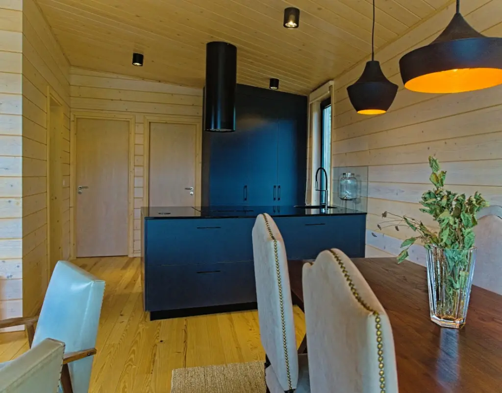 Wooden dining room and kitchen