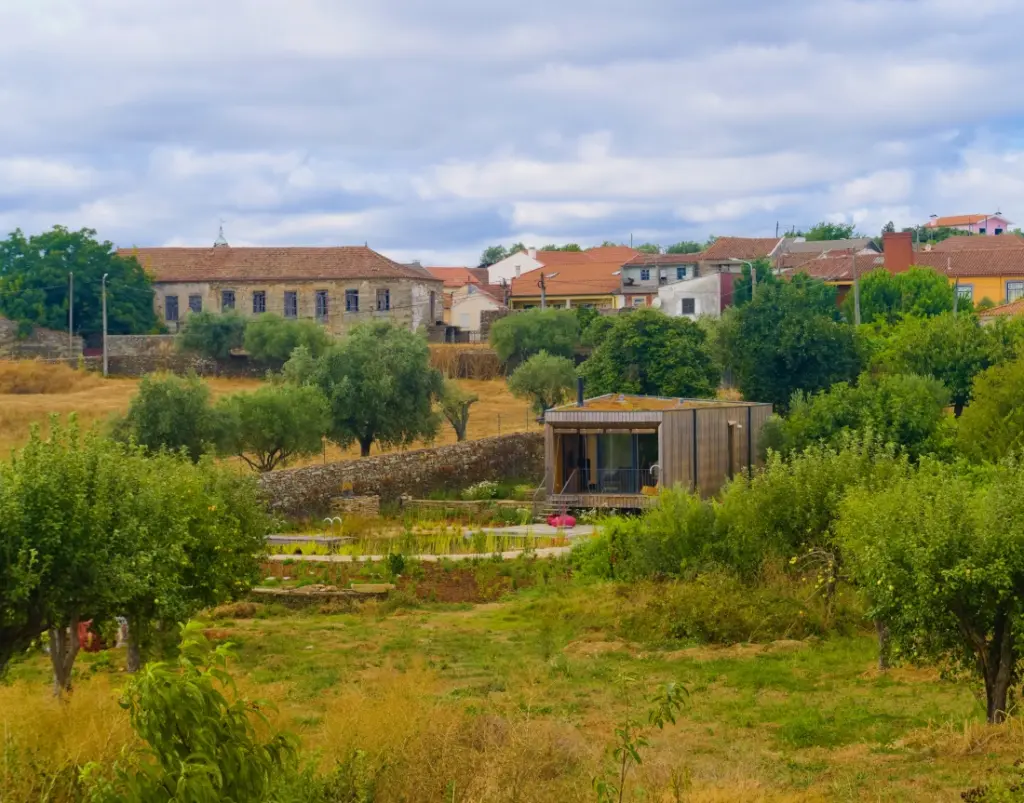 Wooden house with green roof in Régua, Portugal